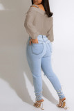 Light Blue Fashion Casual Solid Split Joint Shirt Collar Tops