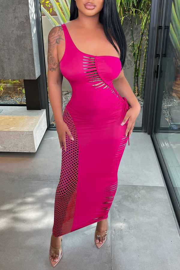 Rose Red Fashion Sexy Solid Hollowed Out Patchwork Backless One Shoulder Long Dress