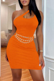 Blue Fashion Sexy Solid Backless One Shoulder Sleeveless Dress (Without Waist Chain)