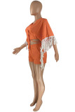 Orange Fashion Casual Solid Tassel Patchwork Frenulum V Neck Half Sleeve Two Pieces