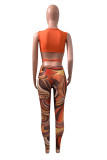 Coffee Fashion Sexy Print Bandage V Neck Sleeveless Two Pieces