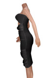 Black Sexy Solid Hollowed Out Patchwork Strapless Pencil Skirt Dresses