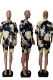 Pink Casual Patchwork Tie-dye O Neck Short Sleeve Two Pieces