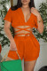 Orange Fashion Casual Solid Bandage Patchwork Turndown Collar Short Sleeve Two Pieces