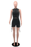 Black Fashion Casual Solid Draw String Fold O Neck Sleeveless Two Pieces