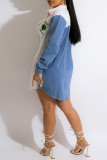 White Fashion Casual Print Patchwork Turndown Collar Long Sleeves Shirt Dress