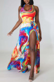 Red Fashion Sexy Print Bandage Backless Slit Halter Sleeveless Dress
