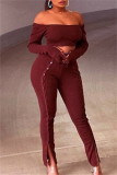 Red Fashion Casual Solid Backless Slit Off the Shoulder Long Sleeve Two Pieces