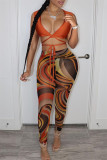Coffee Fashion Sexy Print Bandage V Neck Sleeveless Two Pieces