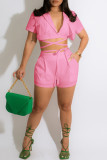 Pink Fashion Casual Solid Bandage Patchwork Turndown Collar Short Sleeve Two Pieces