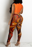 Coffee Fashion Sexy Print Bandage V Neck Sleeveless Two Pieces