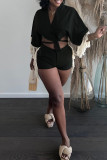Orange Fashion Casual Solid Tassel Patchwork Frenulum V Neck Half Sleeve Two Pieces