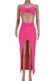 Rose Red Sexy Solid Patchwork Chains Slit Knotted Halter Sleeveless Two Pieces