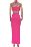 Rose Red Sexy Solid Patchwork Chains Slit Knotted Halter Sleeveless Two Pieces