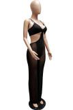 Blue Fashion Sexy Solid See-through Backless Spaghetti Strap Skinny Jumpsuits