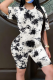 Black White Casual Patchwork Tie-dye O Neck Short Sleeve Two Pieces