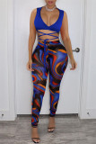 Coffee Fashion Sexy Print Bandage V Neck Sleeveless Two Pieces