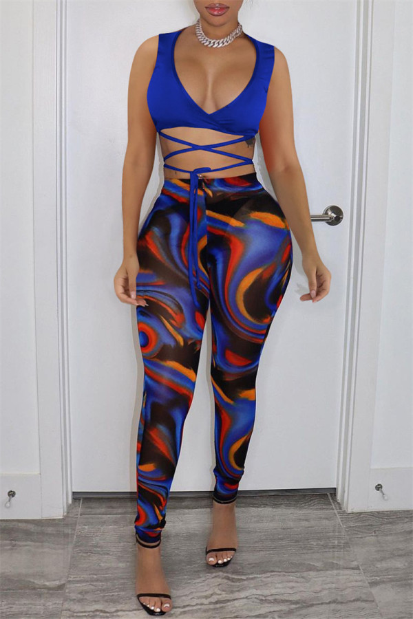 Blue Fashion Sexy Print Bandage V Neck Sleeveless Two Pieces