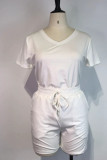 White Casual Solid Split Joint V Neck Short Sleeve Two Pieces