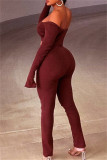 Red Fashion Casual Solid Backless Slit Off the Shoulder Long Sleeve Two Pieces