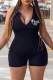 Black Fashion Casual Letter Print Basic Zipper Collar Skinny Romper