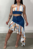 Blue Fashion Sexy Print Patchwork Flounce Asymmetrical Halter Sleeveless Two Pieces