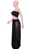 Black Sexy Solid Mesh Strapless Sleeveless Two Pieces
