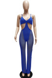 Blue Fashion Sexy Solid See-through Backless Spaghetti Strap Skinny Jumpsuits
