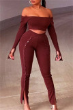 Red Fashion Casual Solid Backless Slit Off the Shoulder Long Sleeve Two Pieces
