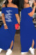 Blue Fashion Casual Print Letter Off the Shoulder One Step Skirt Dresses
