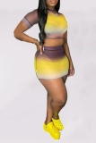 Pink Sexy Gradual Change Patchwork Half A Turtleneck Short Sleeve Two Pieces