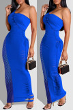 Blue Fashion Sexy Solid Hollowed Out Patchwork Backless One Shoulder Long Dress
