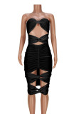 Black Sexy Solid Hollowed Out Patchwork Strapless Pencil Skirt Dresses