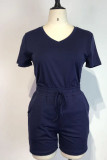 Tibetan Blue Casual Solid Split Joint V Neck Short Sleeve Two Pieces