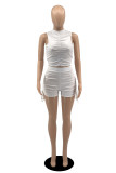 White Fashion Casual Solid Draw String Fold O Neck Sleeveless Two Pieces