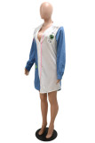 White Fashion Casual Print Patchwork Turndown Collar Long Sleeves Shirt Dress