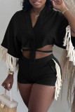 Orange Fashion Casual Solid Tassel Patchwork Frenulum V Neck Half Sleeve Two Pieces