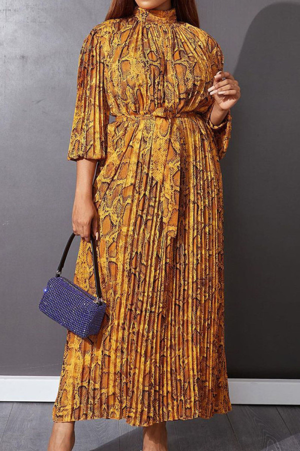 Yellow Casual Print Bandage Patchwork Fold Half A Turtleneck Straight Dresses