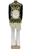 Black Casual Print Slit O Neck Three Quarter Two Pieces