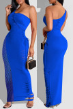 Blue Fashion Sexy Solid Hollowed Out Patchwork Backless One Shoulder Long Dress