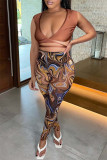 Coffee Fashion Sexy Print Bandage V Neck Sleeveless Two Pieces
