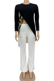Black Casual Print Slit O Neck Three Quarter Two Pieces