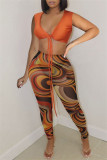 Coffee Fashion Sexy Print Bandage V Neck Sleeveless Two Pieces