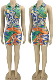 Green Sexy Print Patchwork Buckle Backless Fold Turndown Collar Pencil Skirt Dresses