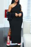 Red Casual Solid Slit One Shoulder Pencil Skirt Dresses