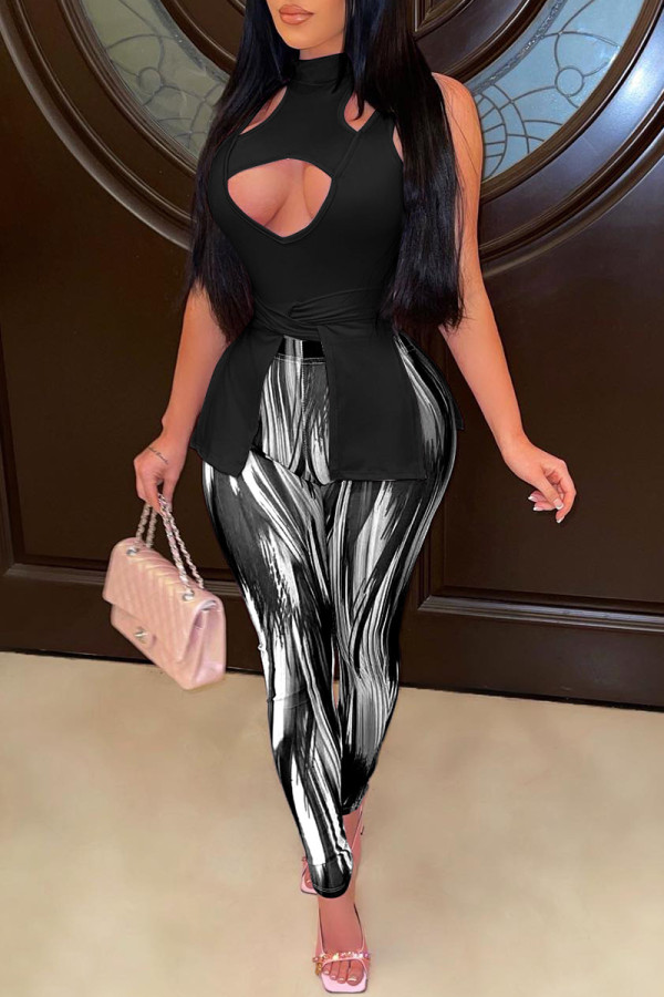 Black Fashion Sexy Print Hollowed Out Half A Turtleneck Sleeveless Two Pieces