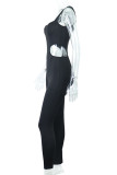 Black Sexy Solid Hollowed Out Patchwork Asymmetrical Square Collar Regular Jumpsuits