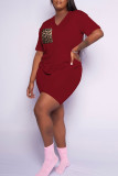 Red Casual Print Patchwork Pocket V Neck Short Sleeve Two Pieces
