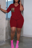 Red Casual Print Patchwork Pocket V Neck Short Sleeve Two Pieces