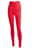 Red Milk Silk Elastic Fly Mid Solid Draped pencil Pants Bottoms